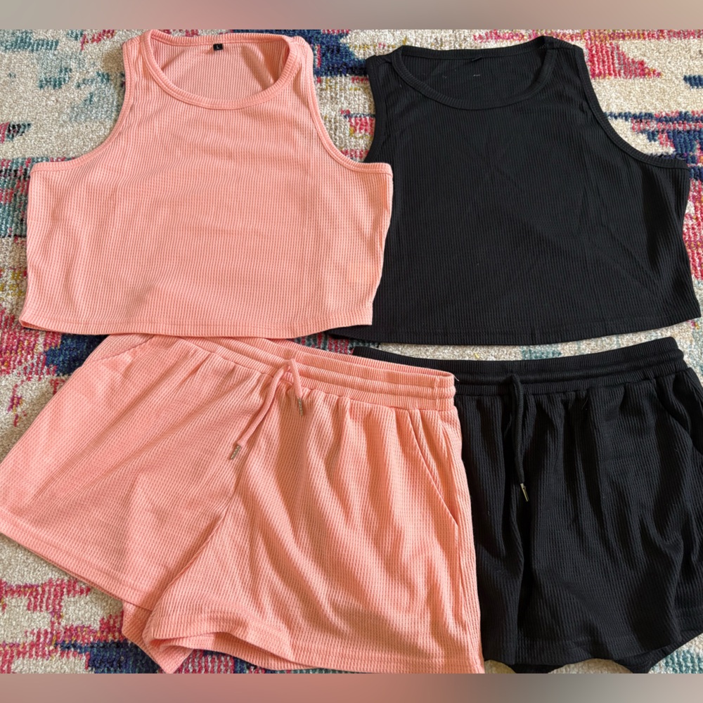 Pink and Black Ribbed Tank and Shorts Set